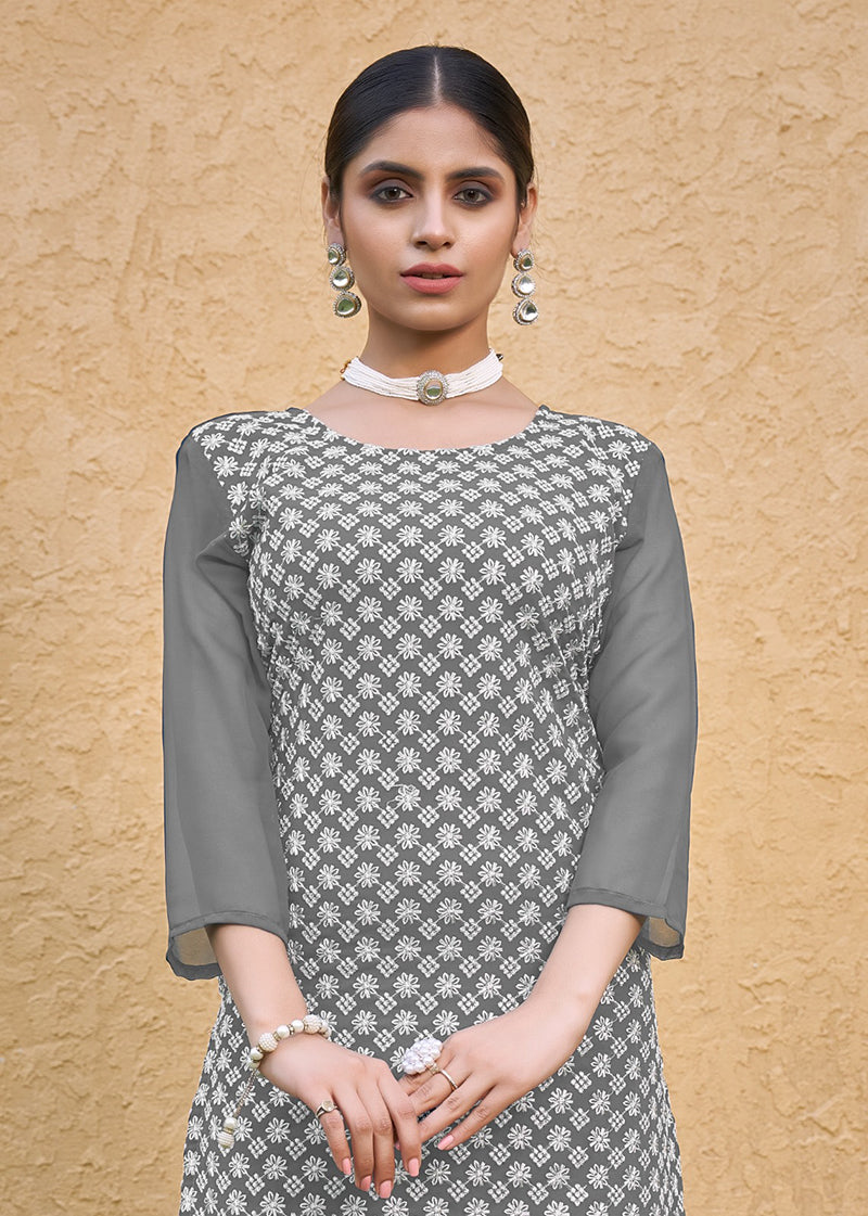 Monjolika Fashion Embroidered Georgette Straight Kurta Set In Grey