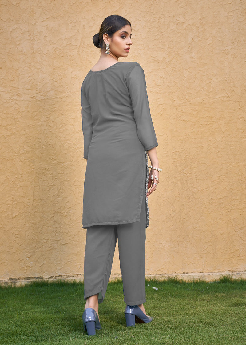 Monjolika Fashion Embroidered Georgette Straight Kurta Set In Grey