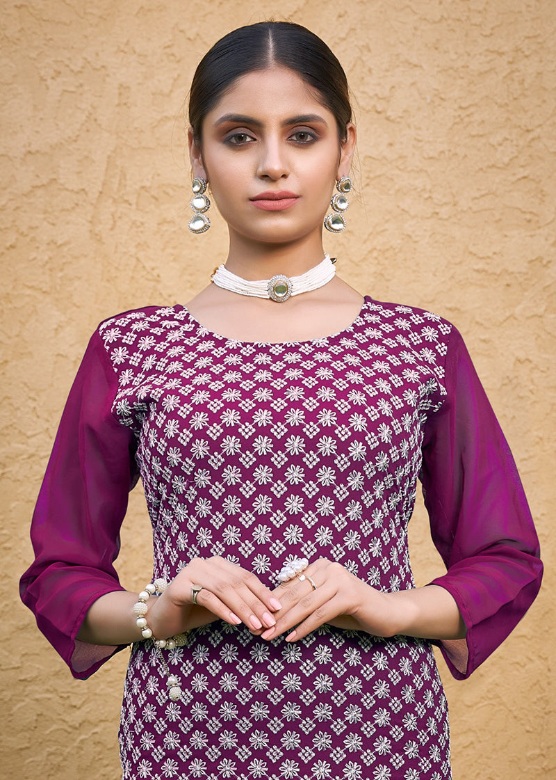 Monjolika Fashion Embroidered Georgette Straight Kurta Set In Purple