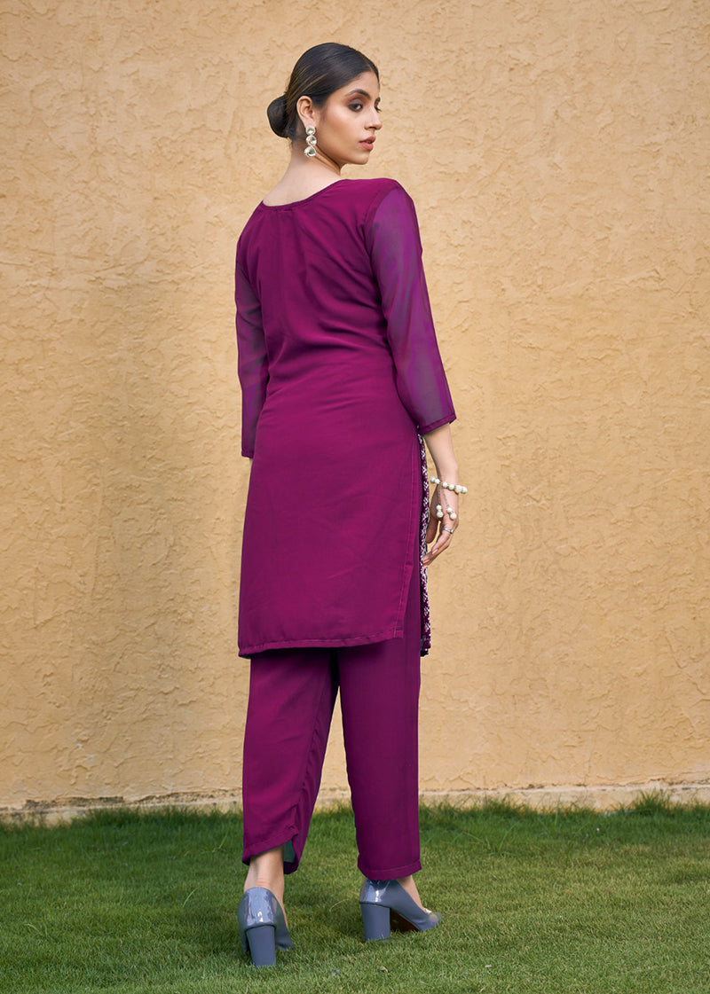 Monjolika Fashion Embroidered Georgette Straight Kurta Set In Purple