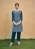 Monjolika Fashion Embroidered Georgette Straight Kurta Set In Teal Blue