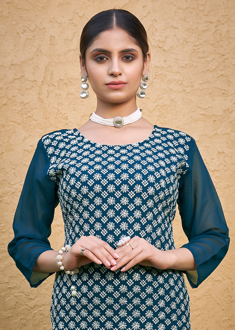 Monjolika Fashion Embroidered Georgette Straight Kurta Set In Teal Blue