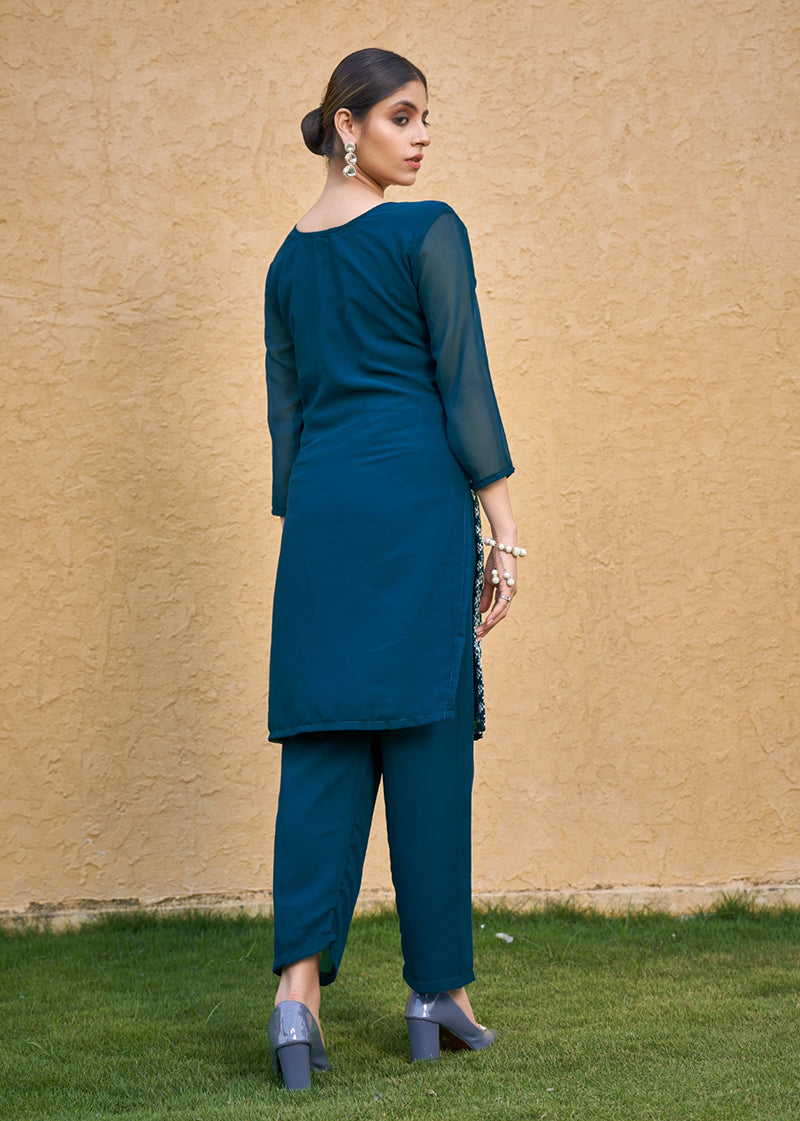 Monjolika Fashion Embroidered Georgette Straight Kurta Set In Teal Blue