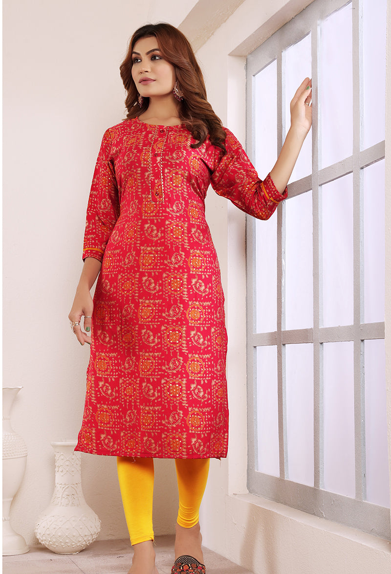Monjolika Fashion Viscose Rani Pink Buttons Party Wear Kurti For Party