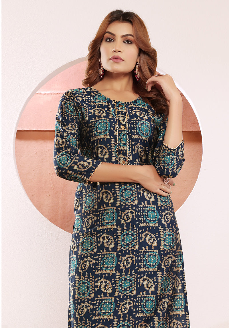 Monjolika Fashion Viscose Navy Blue Buttons Party Wear Kurti For Party
