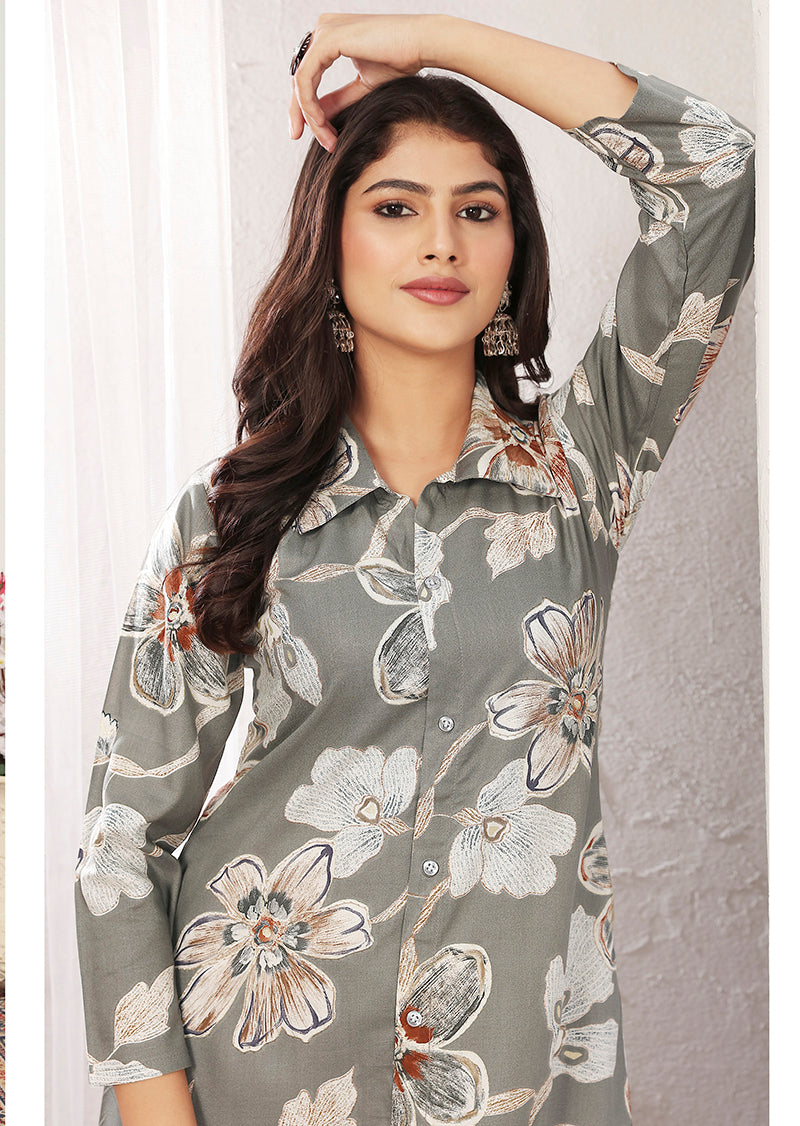 Monjolika Fashion Grey Rayon Floral Print Casual Kurti