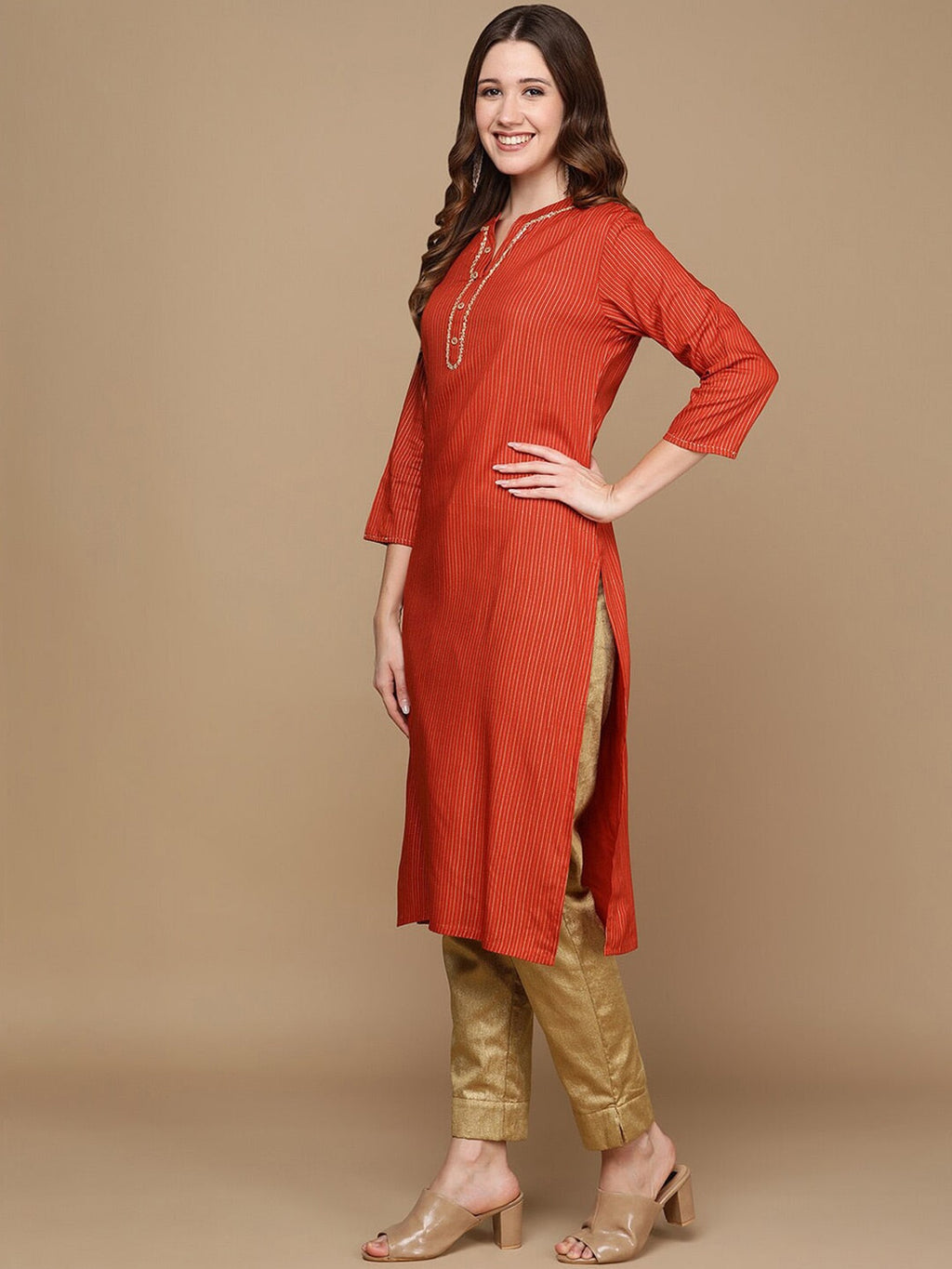 HERE&NOW Orange & Gold-Toned Mandarin Collar Striped Sequined Straight Kurta