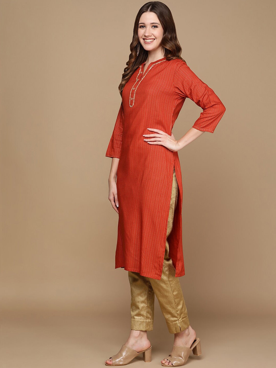HERE&NOW Orange & Gold-Toned Mandarin Collar Striped Sequined Straight Kurta