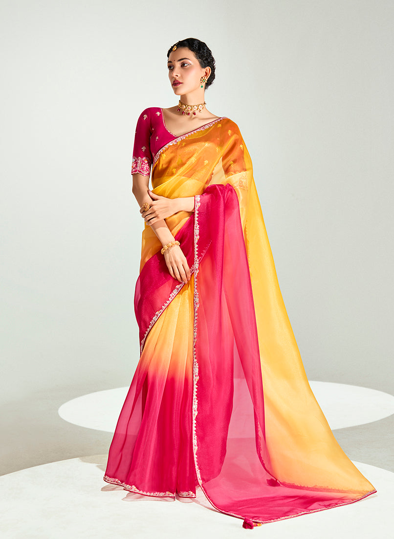 Monjolika Fashion Yellow And Rani Pink Organza Tissue Sequins Embroidery Handwork Wedding Wear Saree