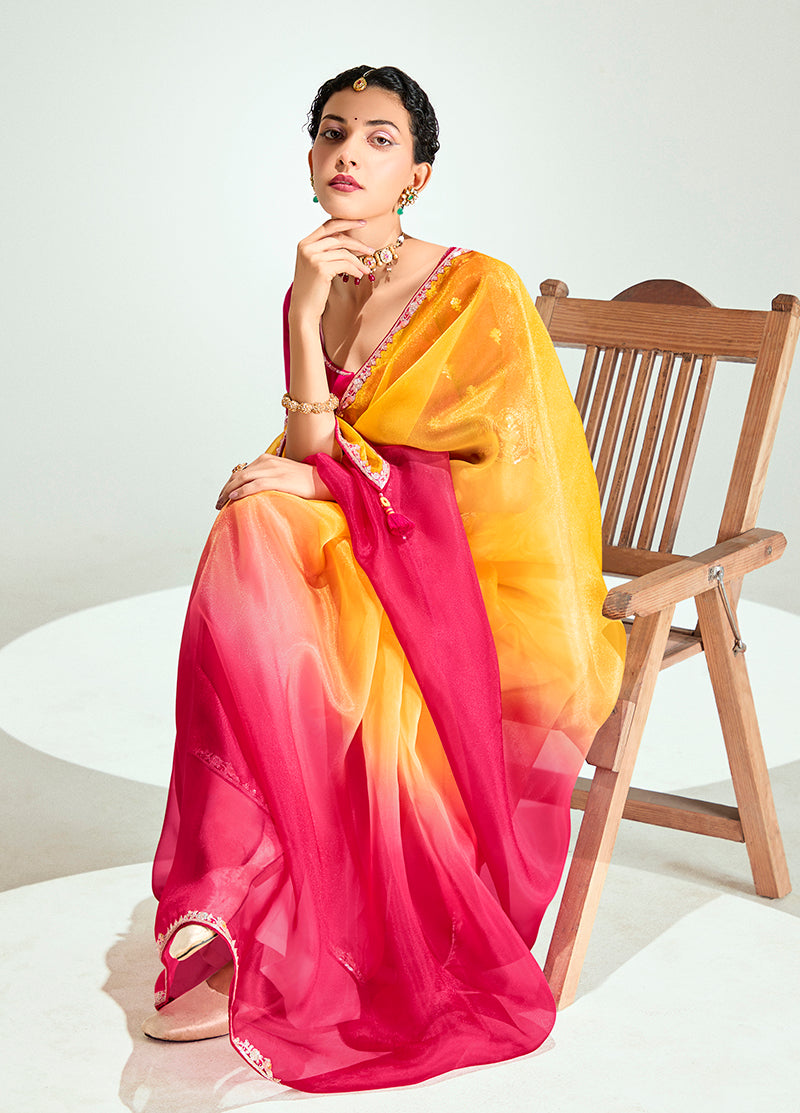 Monjolika Fashion Yellow And Rani Pink Organza Tissue Sequins Embroidery Handwork Wedding Wear Saree