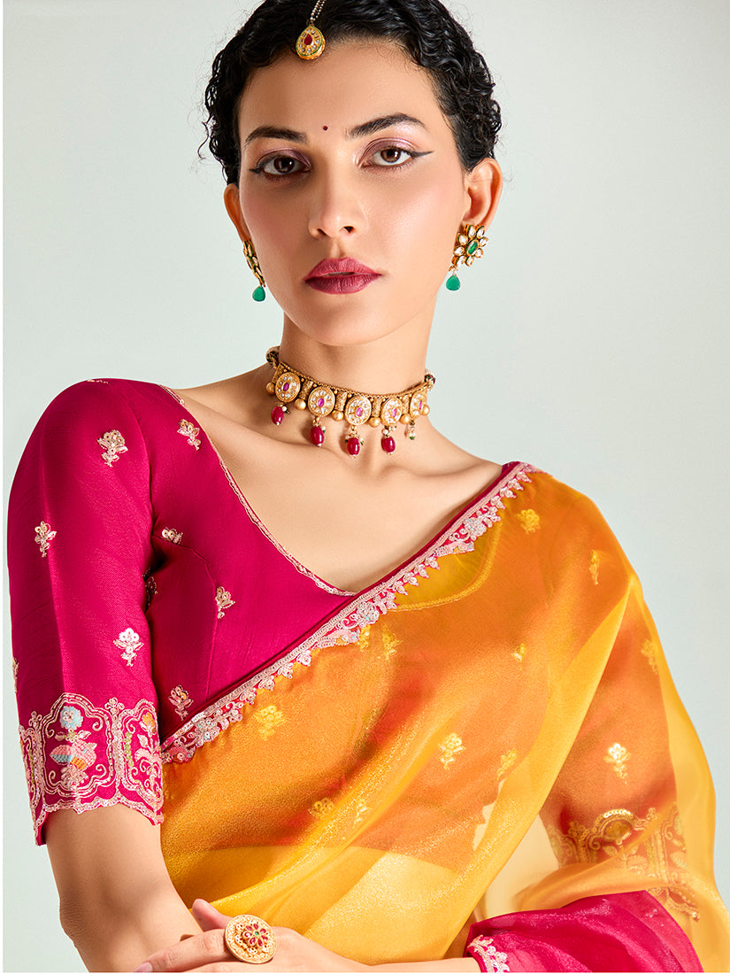Monjolika Fashion Yellow And Rani Pink Organza Tissue Sequins Embroidery Handwork Wedding Wear Saree