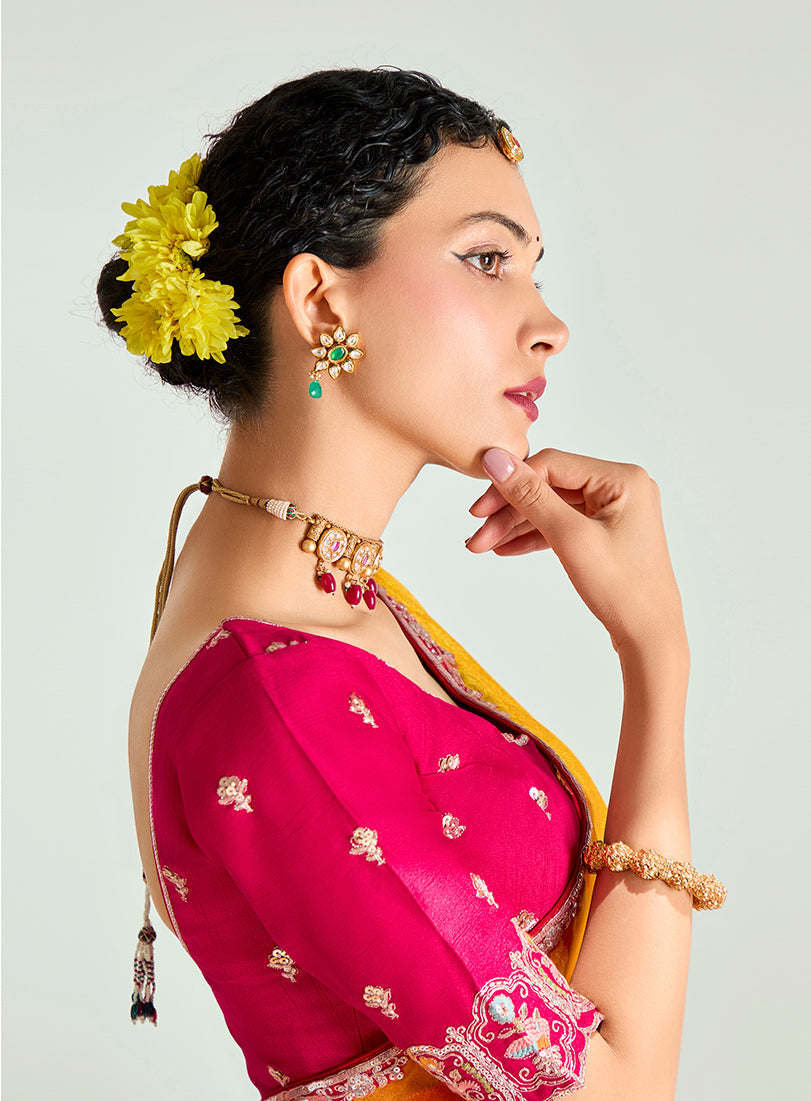Monjolika Fashion Yellow And Rani Pink Organza Tissue Sequins Embroidery Handwork Wedding Wear Saree