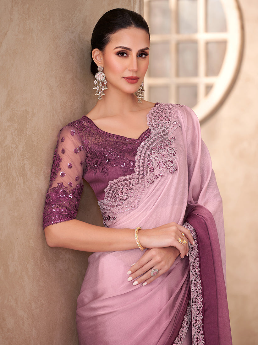 Monjolika Fashion Multicolor Embroidery Work Chiffon Silk Party Wear Saree