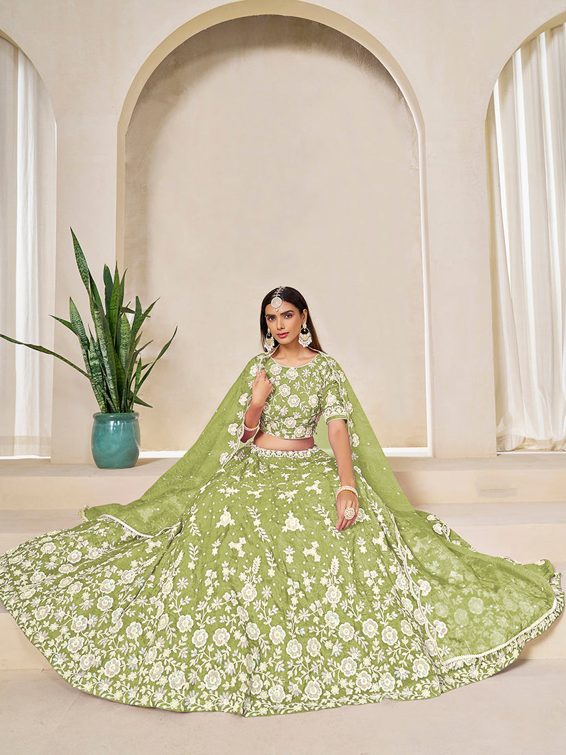Monjolika Fashion Light Olive Embroidered Crush Organza Lehenga Choli