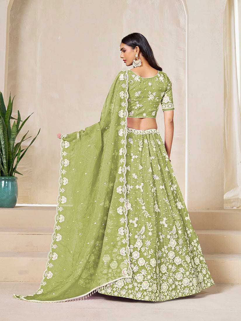 Monjolika Fashion Light Olive Embroidered Crush Organza Lehenga Choli