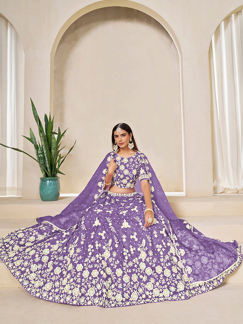 Monjolika Fashion Light Purple Embroidered Crush Organza Lehenga Choli