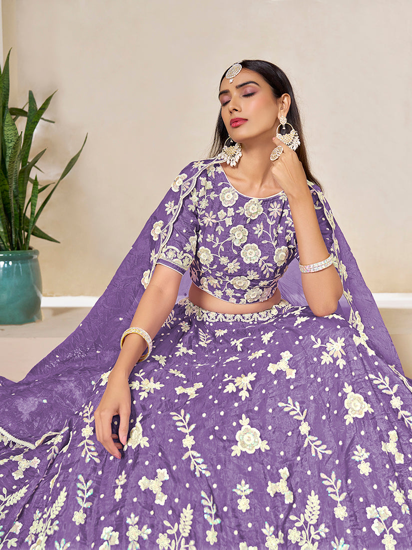 Monjolika Fashion Light Purple Embroidered Crush Organza Lehenga Choli
