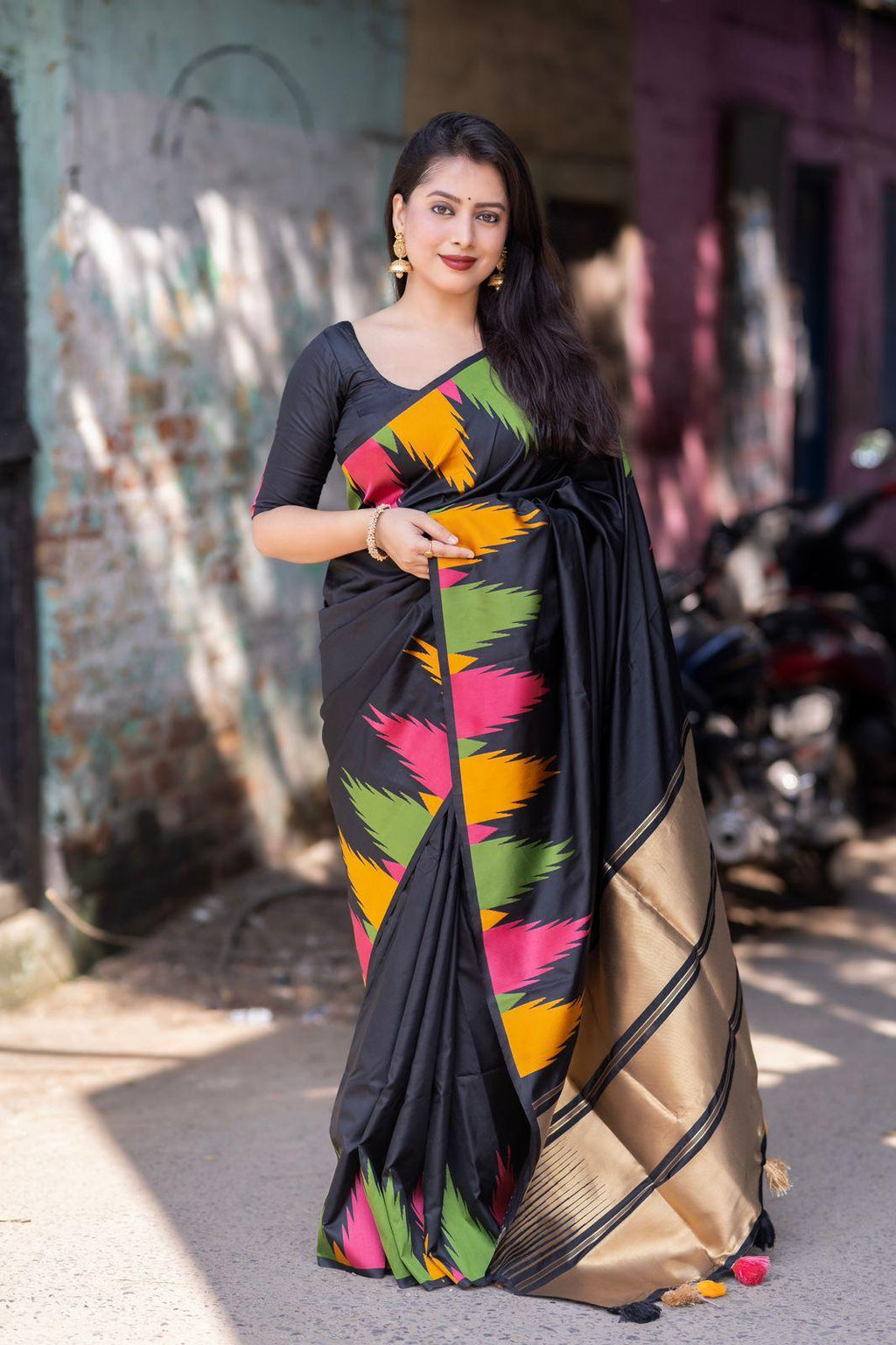 Black Polycotton Woven Design Saree with Unstitched Blouse - Hiral Fashion