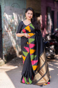 Black Polycotton Woven Design Saree with Unstitched Blouse - A2M