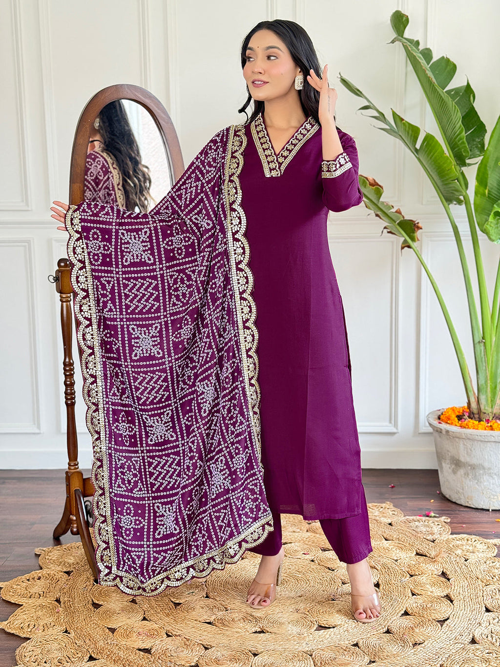 The52 Viscose Silk Fabric work Straight cut Kurta, Pant and Dupatta Set