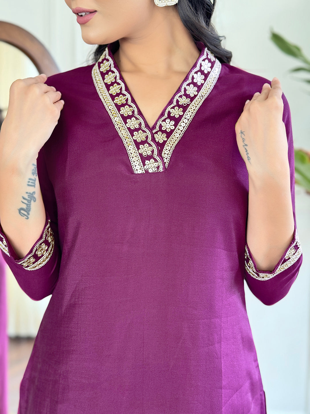 The52 Viscose Silk Fabric work Straight cut Kurta, Pant and Dupatta Set