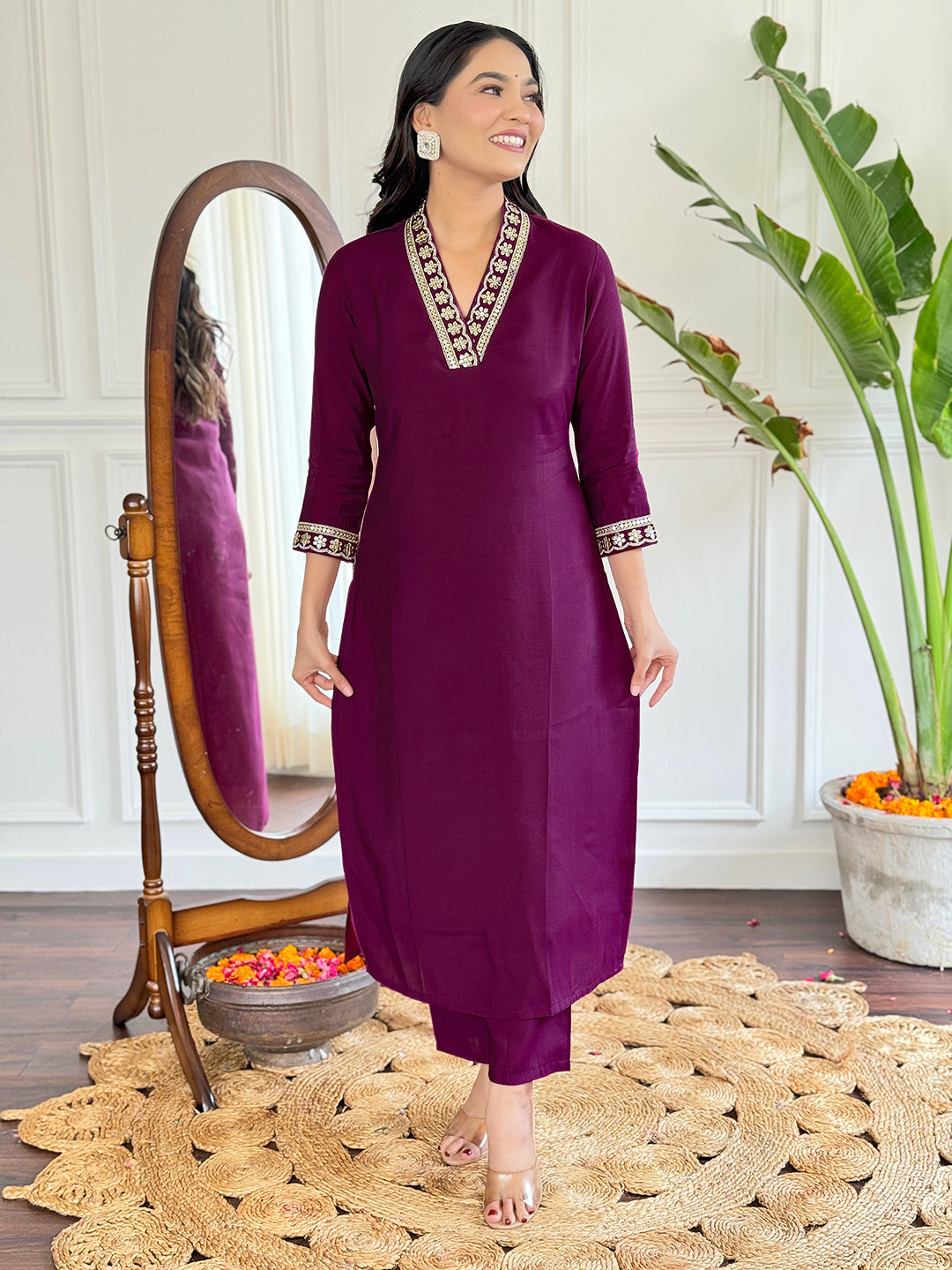 The52 Viscose Silk Fabric work Straight cut Kurta, Pant and Dupatta Set