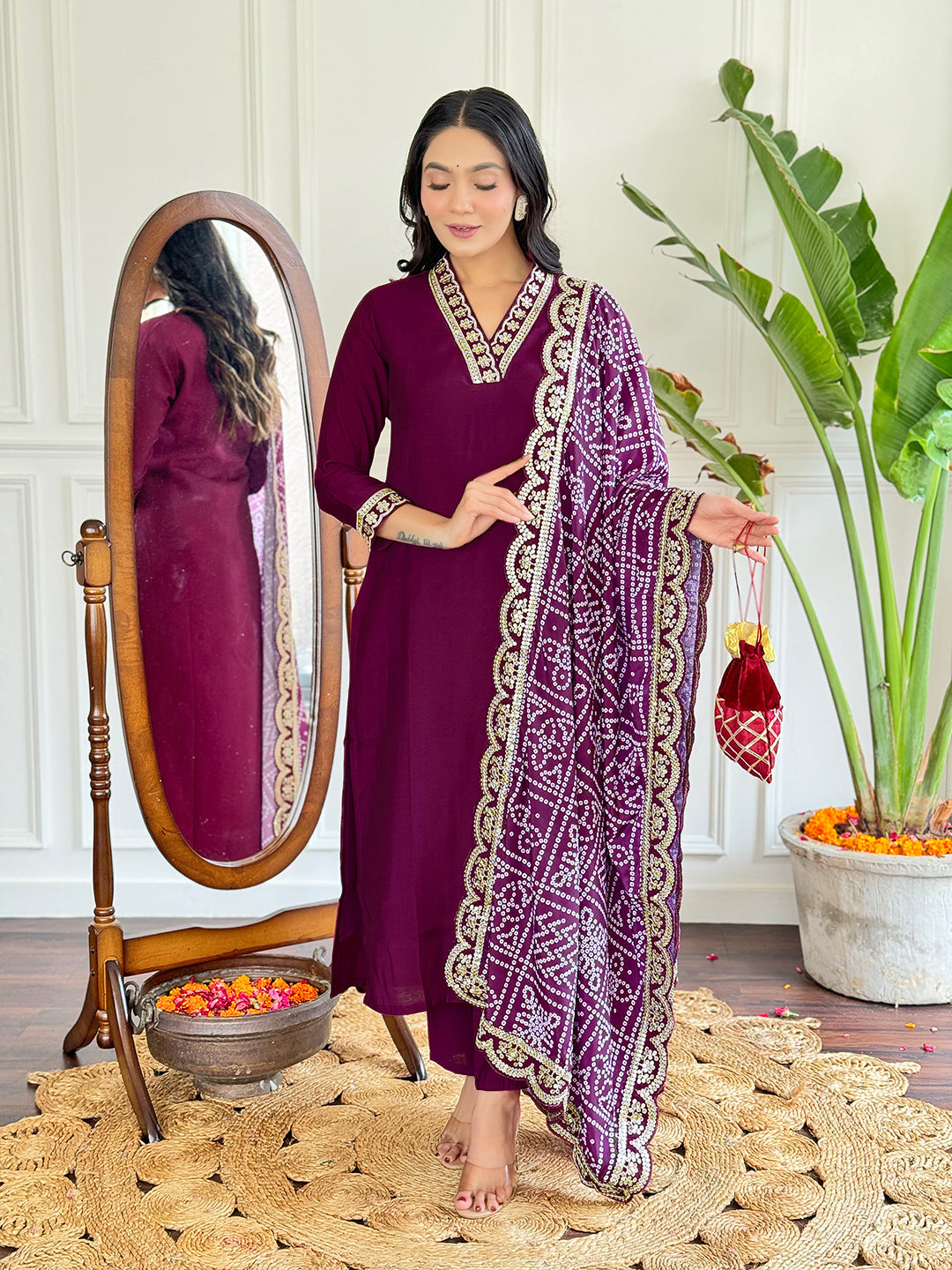 The52 Viscose Silk Fabric work Straight cut Kurta, Pant and Dupatta Set