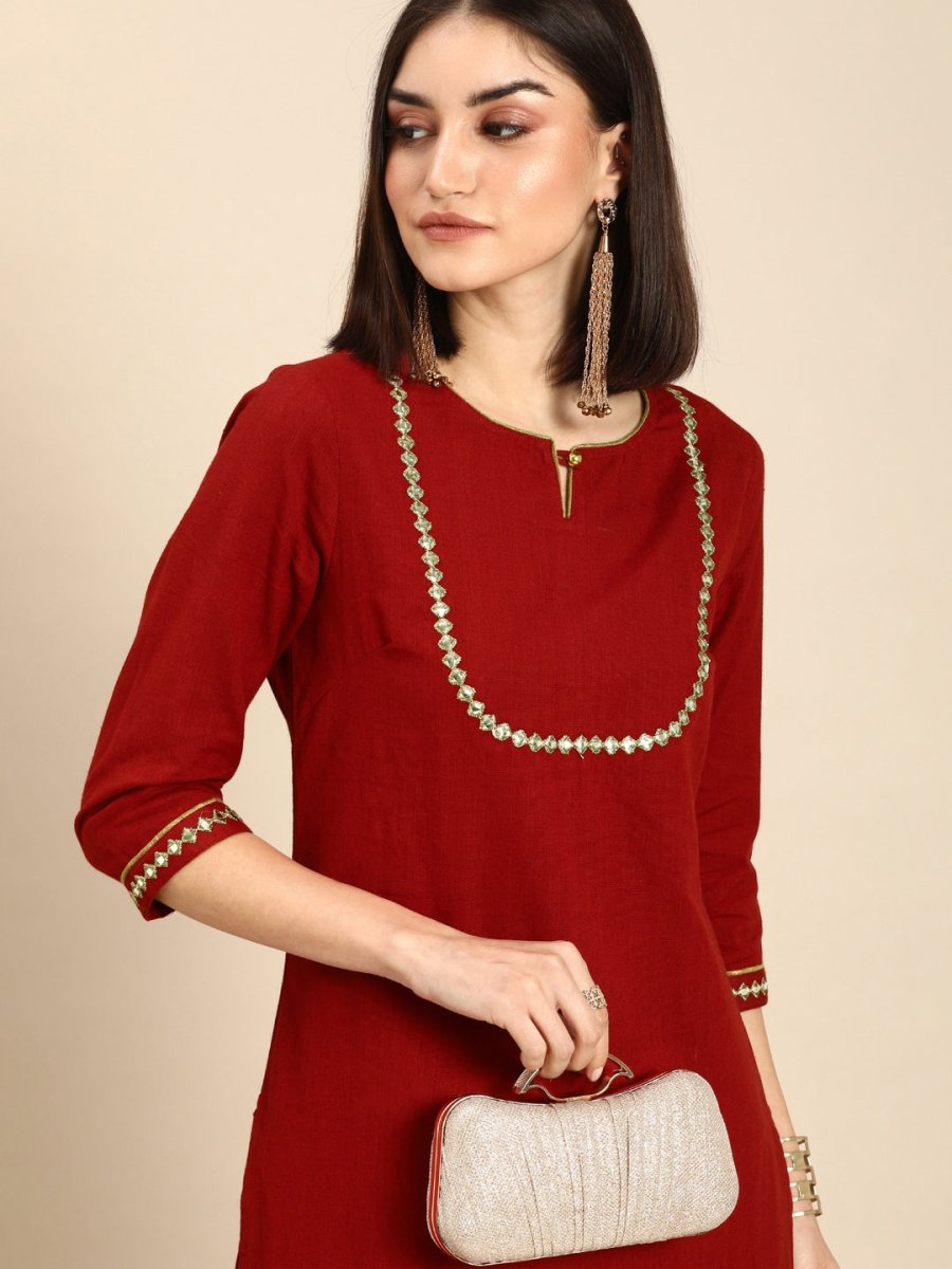 All About You Women Red & Gold-Toned Keyhole Neck Gotta Patti Kurta