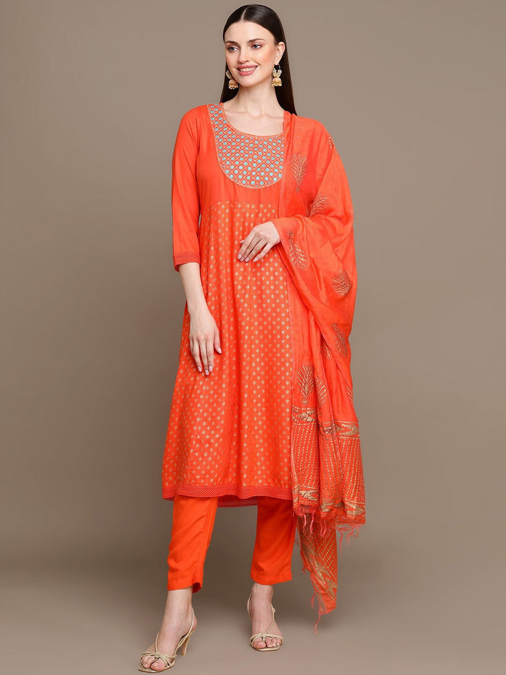 HERE&NOW Ethnic Motifs Embroidered Mirror Work Anarkali Kurta with Trousers & Dupatta