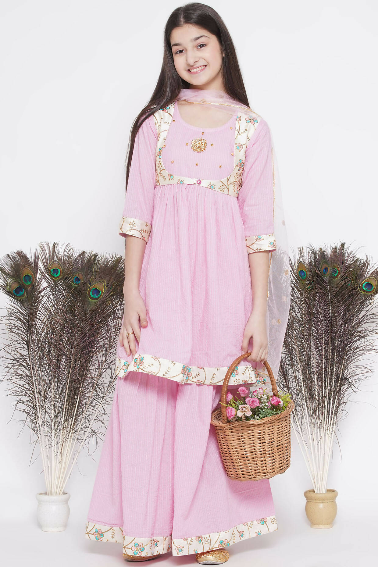 Little Bansi Floral Embroidery Jacket With Cotton Kantha Frock Sharara And Dupatta With Ghungroo Handwork - Pink