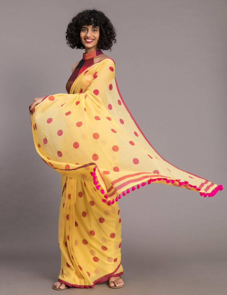 Suta Yellow Pink Polka Printed Pure Cotton Saree