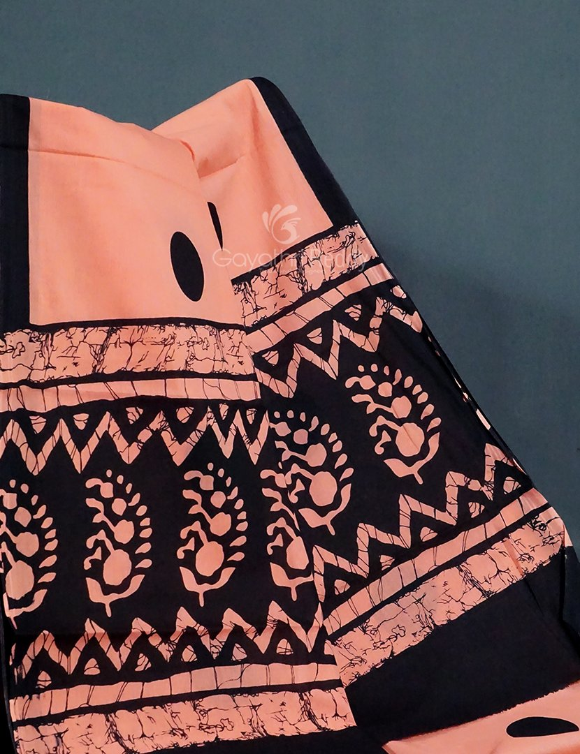 Peach And Black Block Print Pure Mulmul Cotton Saree By Gayathri Reddy Designer Studio