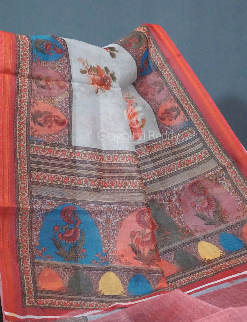 Shades of Light Grey Floral Print Semi Chanderi Saree By Gayathri Reddy Designer Studio
