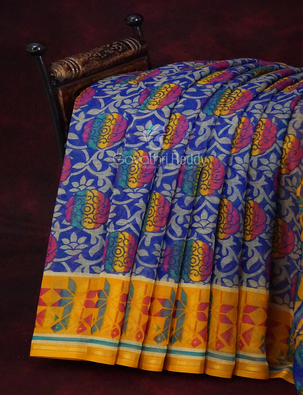 Ink Blue Printed Semi Chanderi Saree By Gayathri Reddy Designer Studio