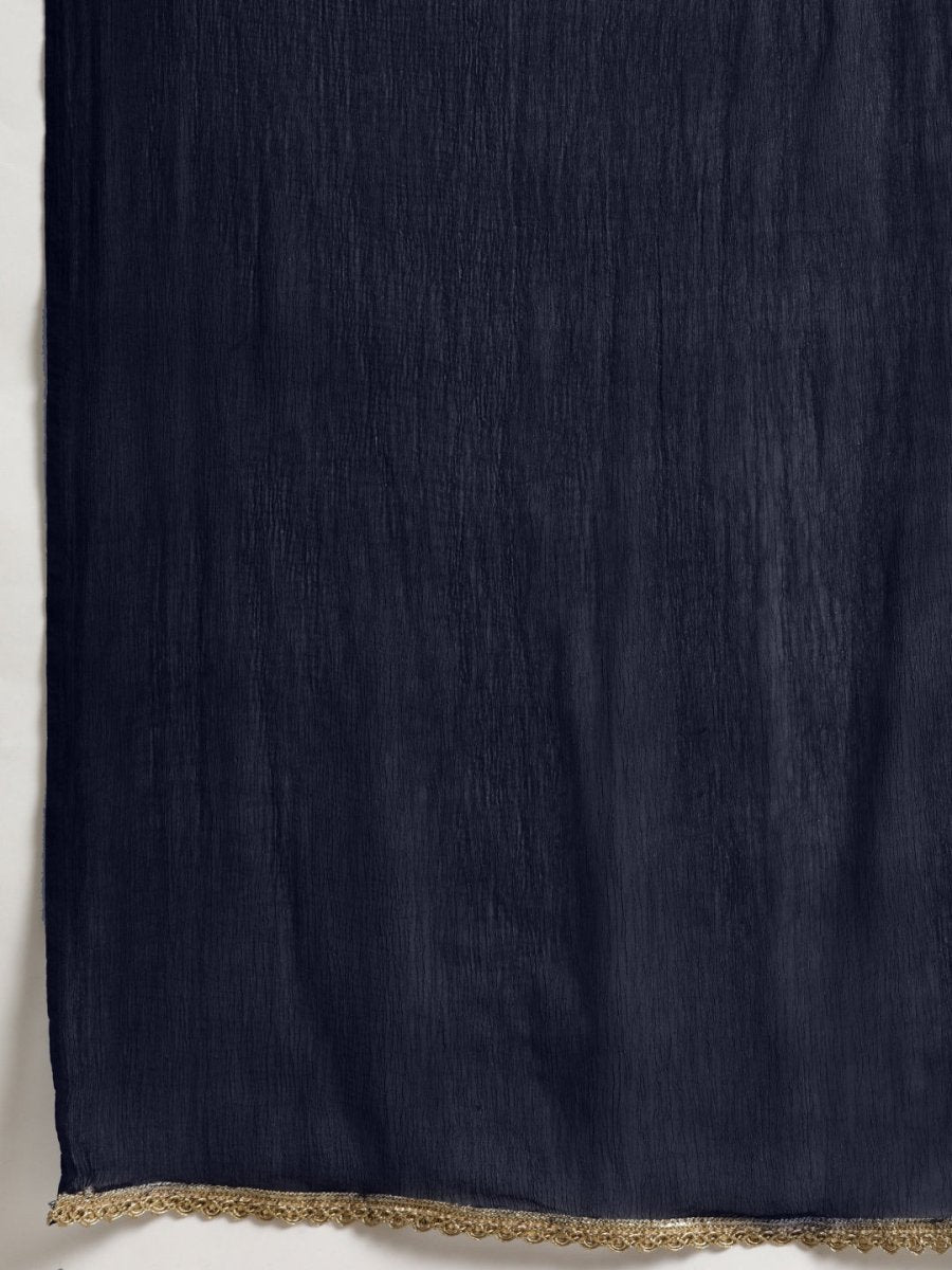 All About You Women Navy Blue & Golden Satin Finish Kurta with Trousers & With Dupatta