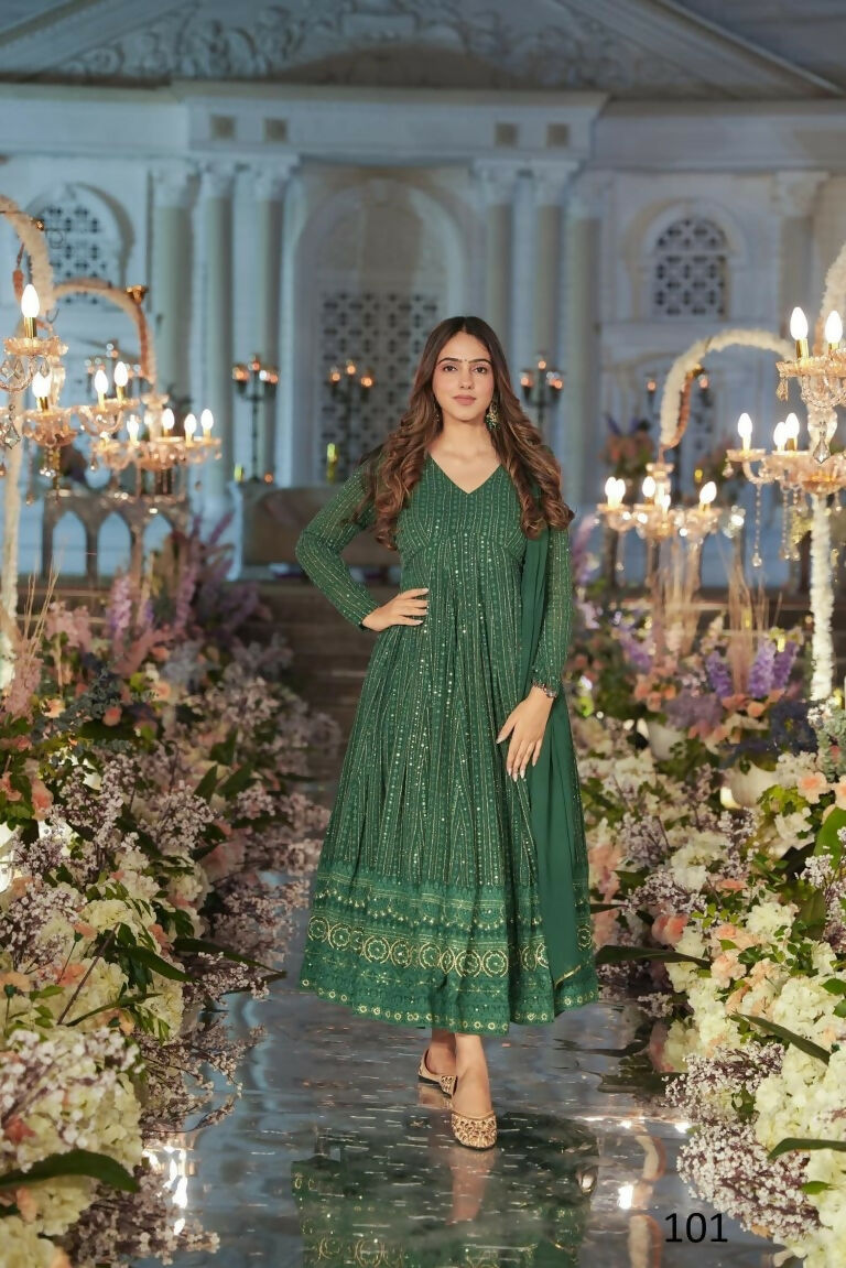 Jyoti Fashion Women's Green Faux Georgette Zari Embroidery with Sequence Anarkali Dress with Dupatta