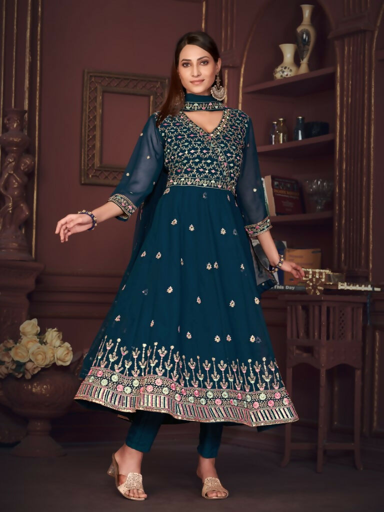 Jyoti Fashion Women's Rama Georgette Embroidered Anarkali Kurta Pant Set With Dupatta