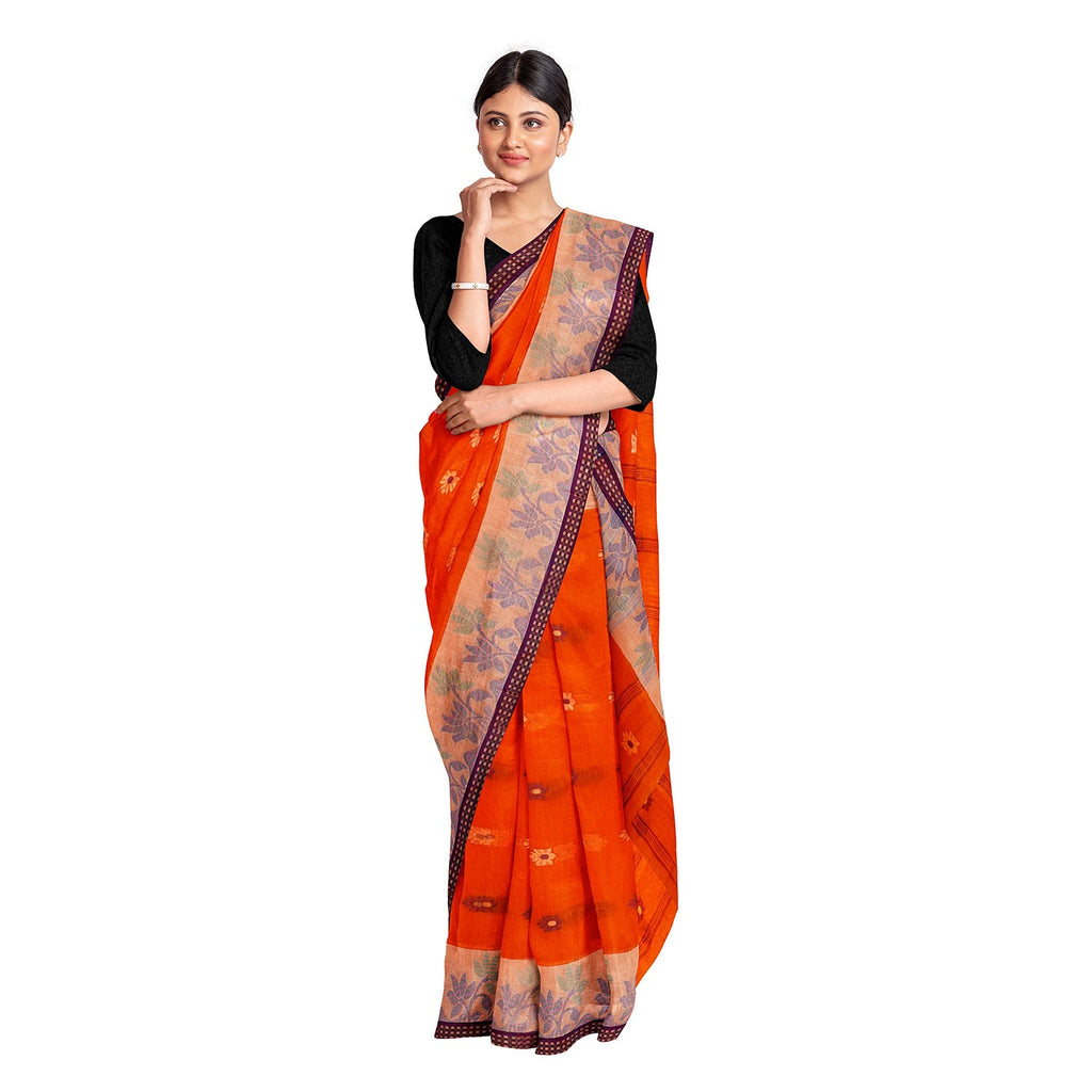 Exclusive Collection 100% Pure Cotton Orange Tant Saree With Hand Weaving Work