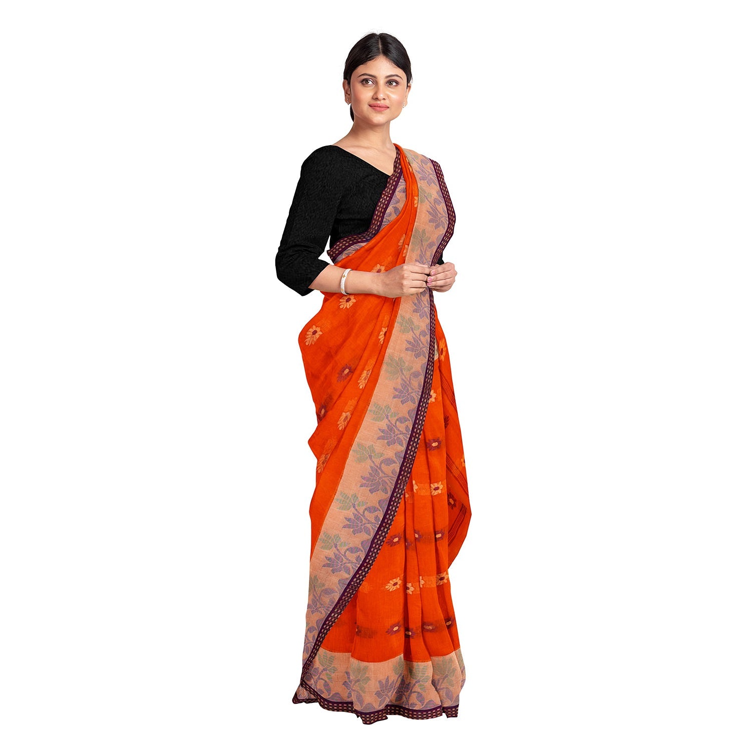 Exclusive Collection 100% Pure Cotton Orange Tant Saree With Hand Weaving Work