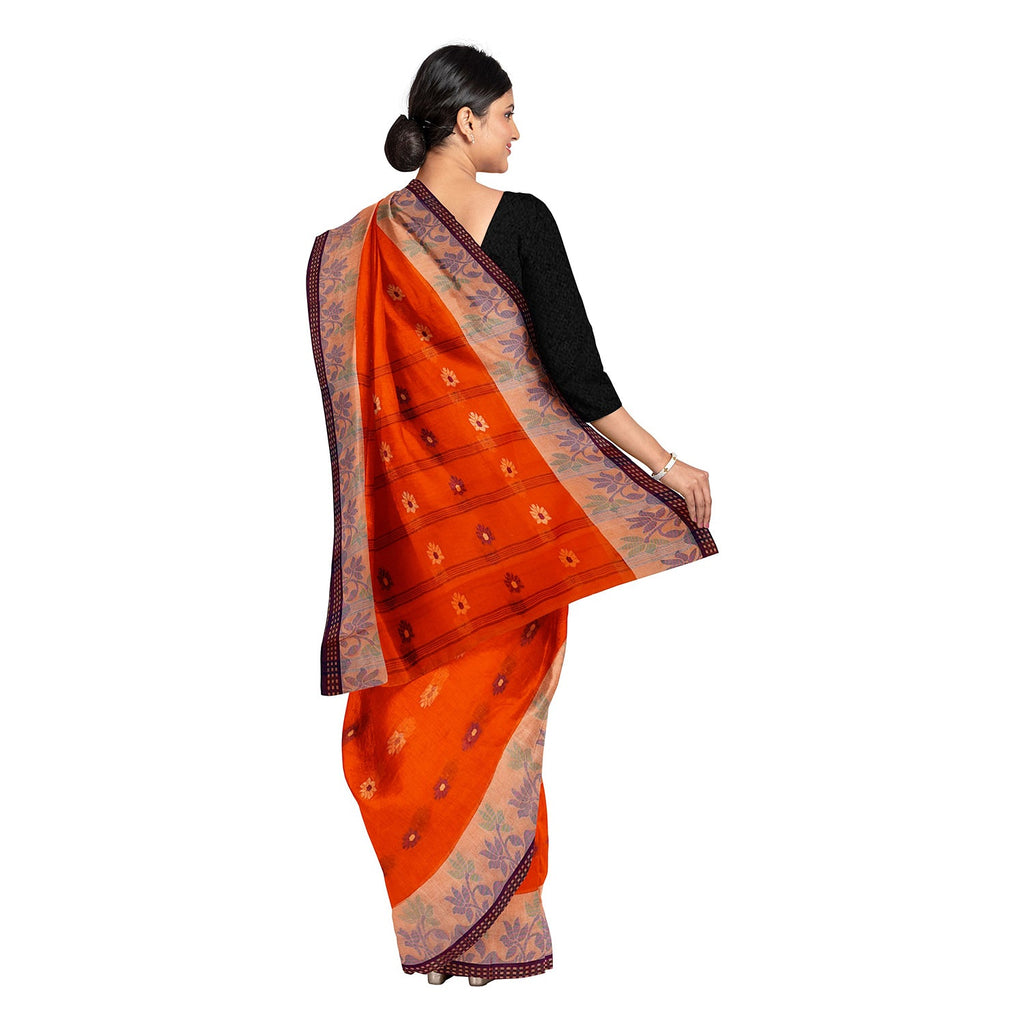 Exclusive Collection 100% Pure Cotton Orange Tant Saree With Hand Weaving Work