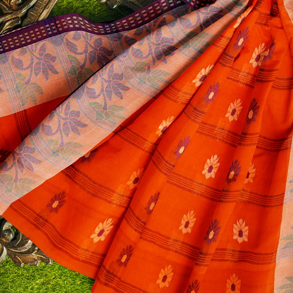 Exclusive Collection 100% Pure Cotton Orange Tant Saree With Hand Weaving Work