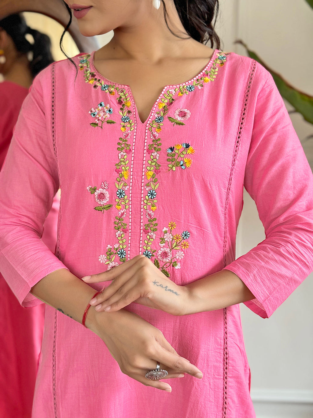 The52 Pink Thread Work Viscose Fabric Straight Kurta, Pant and Dupatta Set