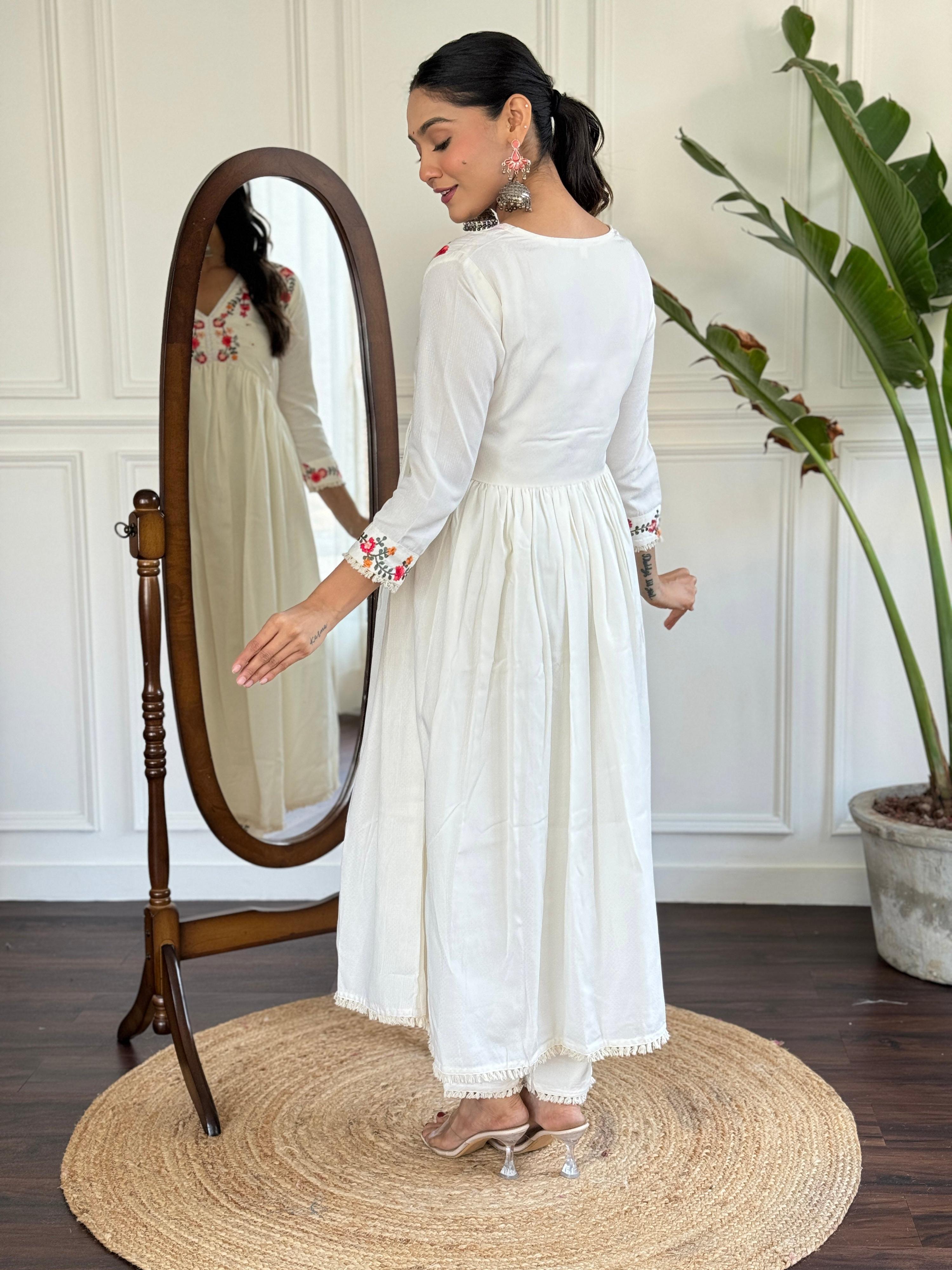 The52 Women's Off White Viscose Rayon Embroidered Flared Kurta, Pant and Dupatta Set