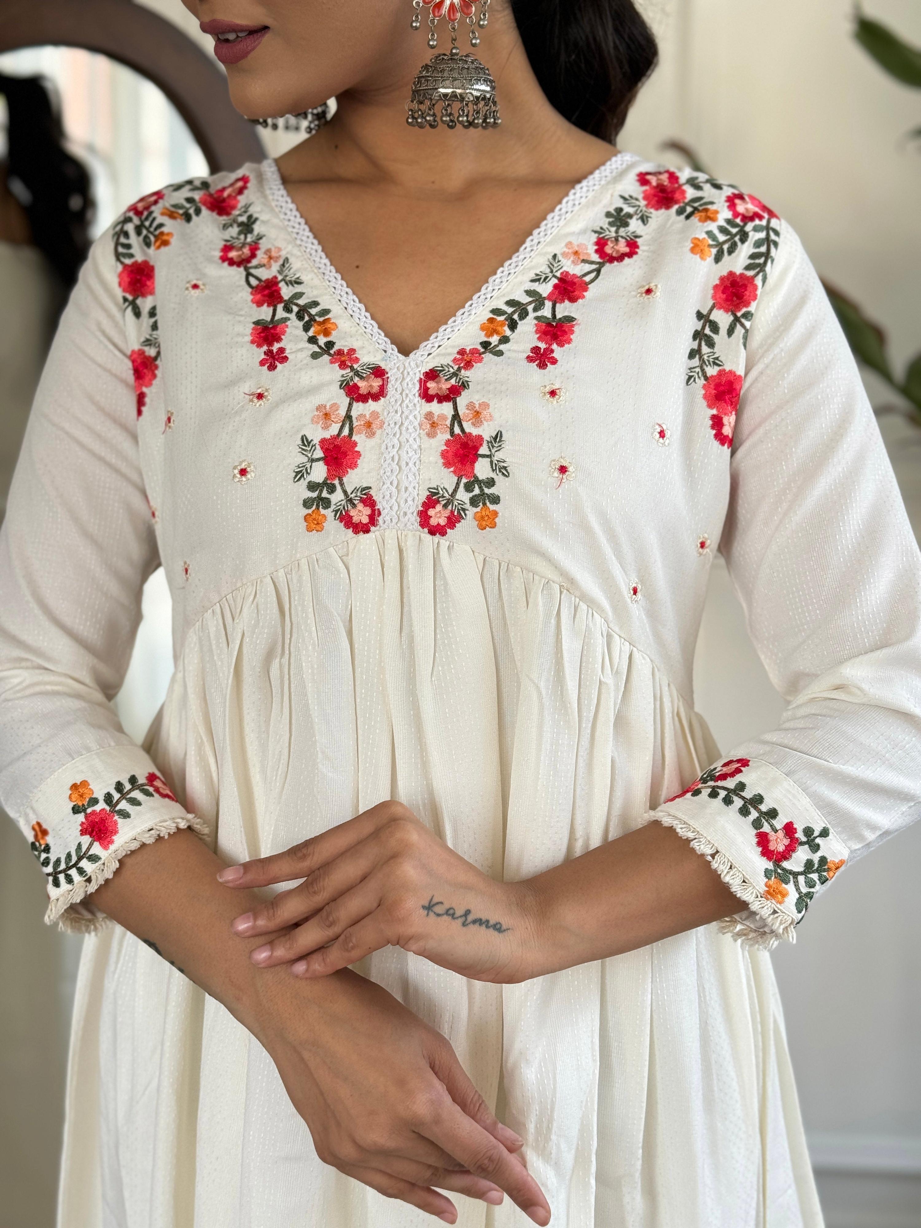 The52 Women's Off White Viscose Rayon Embroidered Flared Kurta, Pant and Dupatta Set