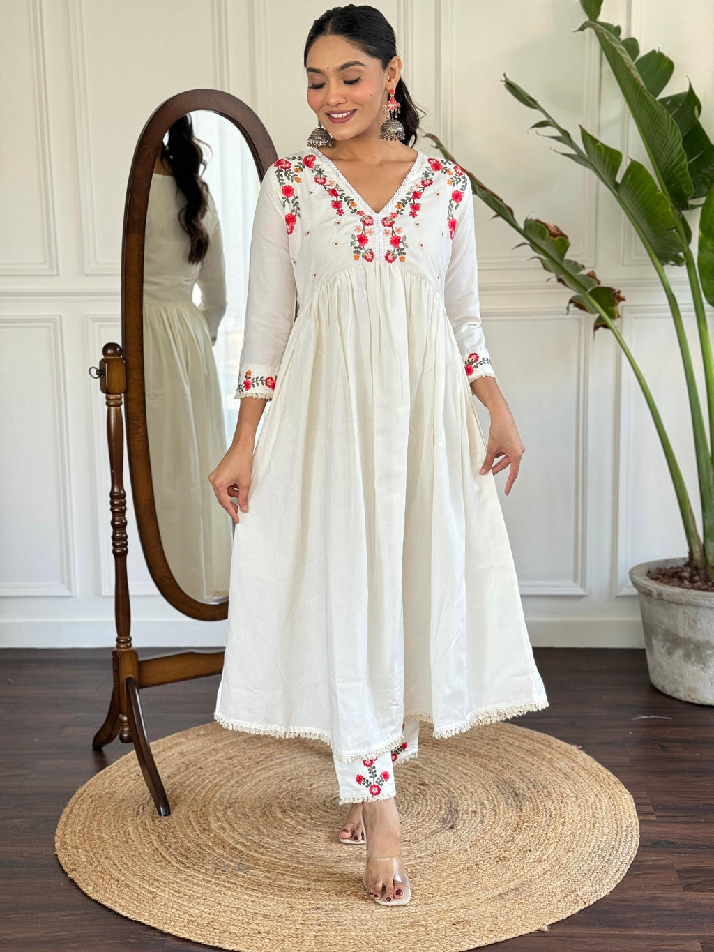 The52 Women's Off White Viscose Rayon Embroidered Flared Kurta, Pant and Dupatta Set