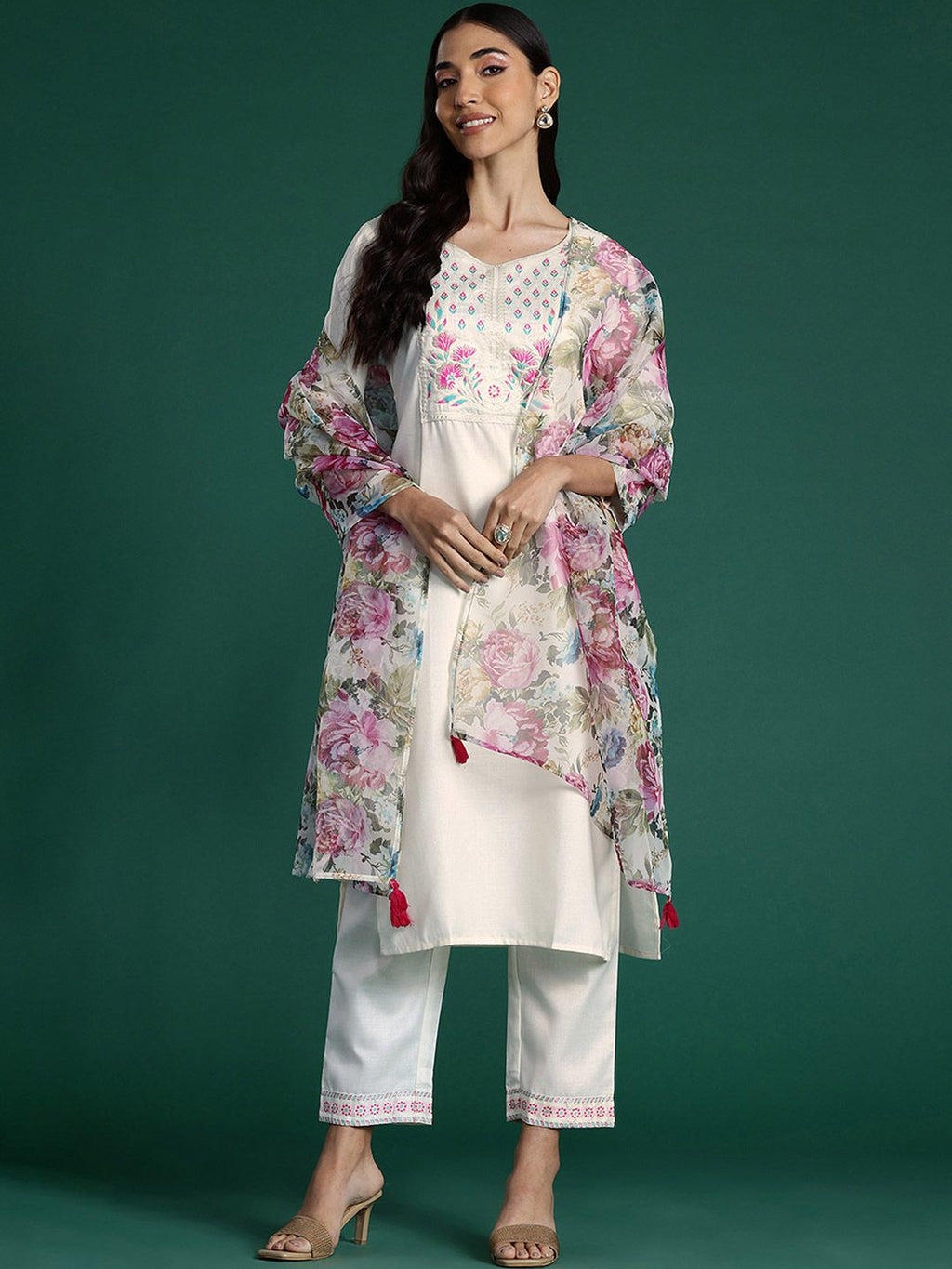 Indo Era Women Floral Yoke Design Regular Thread Work Pure Cotton Kurta with Trousers & With Dupatta