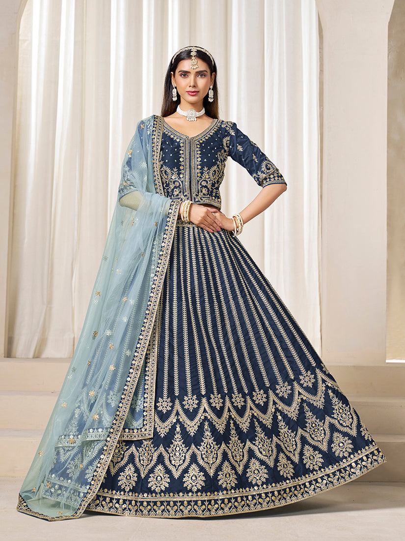 Monjolika Fashion Embroidered Navy Blue Art Silk Designer Long Lehenga Choli