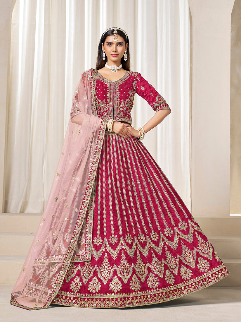 Monjolika Fashion Embroidered Rani Pink Art Silk Designer Long Lehenga Choli