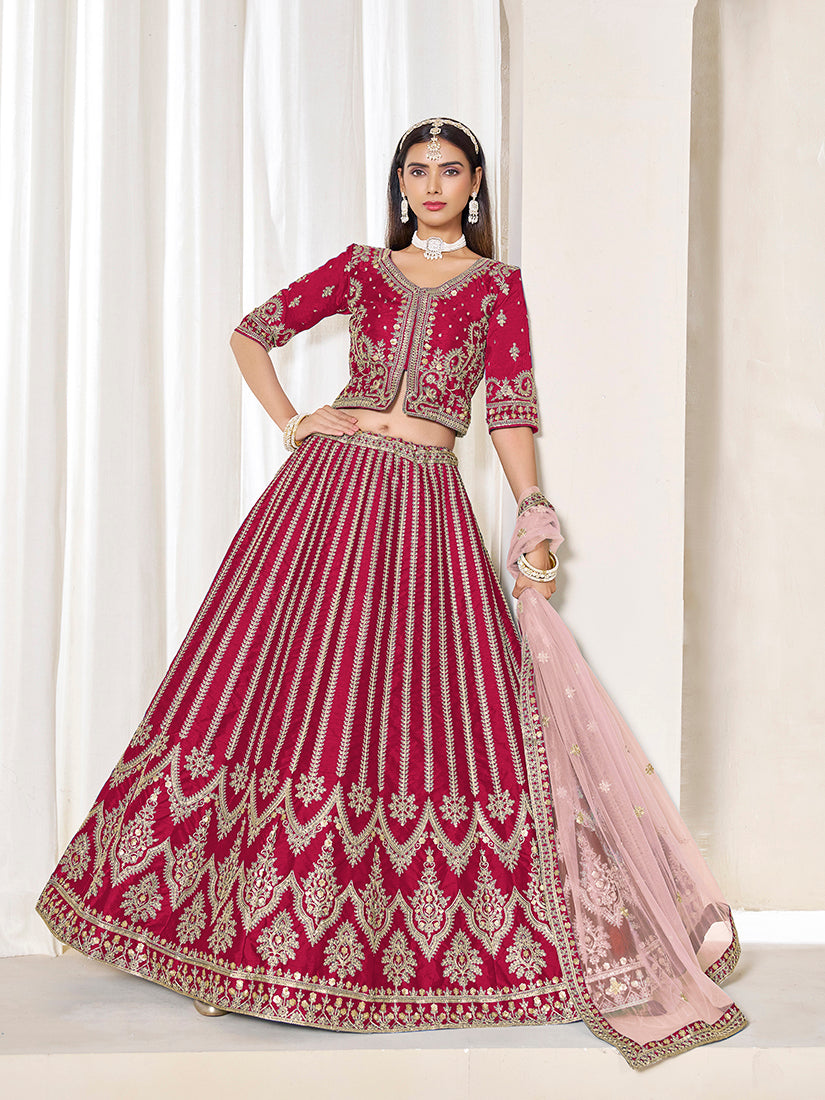 Monjolika Fashion Embroidered Rani Pink Art Silk Designer Long Lehenga Choli