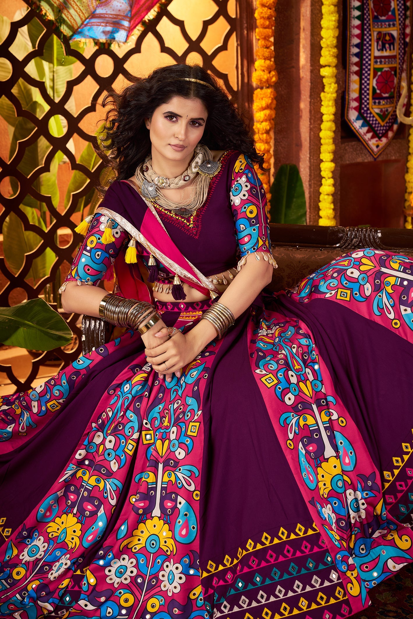 Monjolika Fashion Purple Viscose Cotton Digital Print Mirror Work Navratri Chaniya Choli With Dupatta